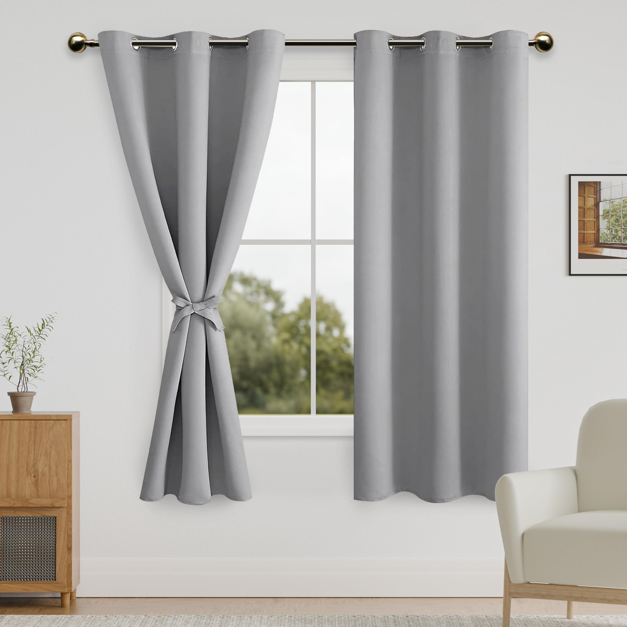 DWCN Blackout Curtains for Bedroom with Tiebacks - Room Darkening Privacy Grommet Top Window Curtains for Living Room, 42 x 72 inch Long, Silver Grey, Set of 2 Panels — image 1