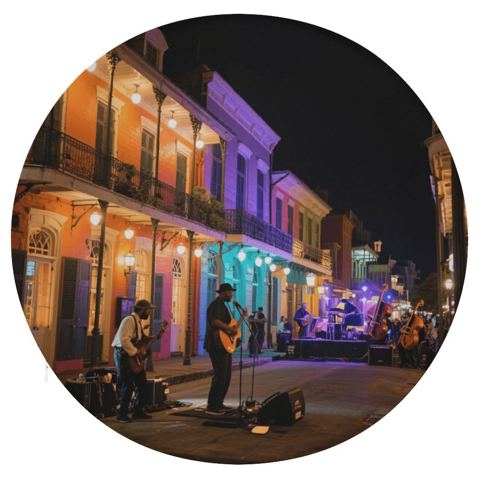 French Quarter Night Scene Okrągła poduszka, dodana pianka z pamięcią kształtu, poduszka na krzesło, pokrowiec poliestrowy z zamkiem błyskawicznym, poduszka do siedzenia na łóżko, sofę