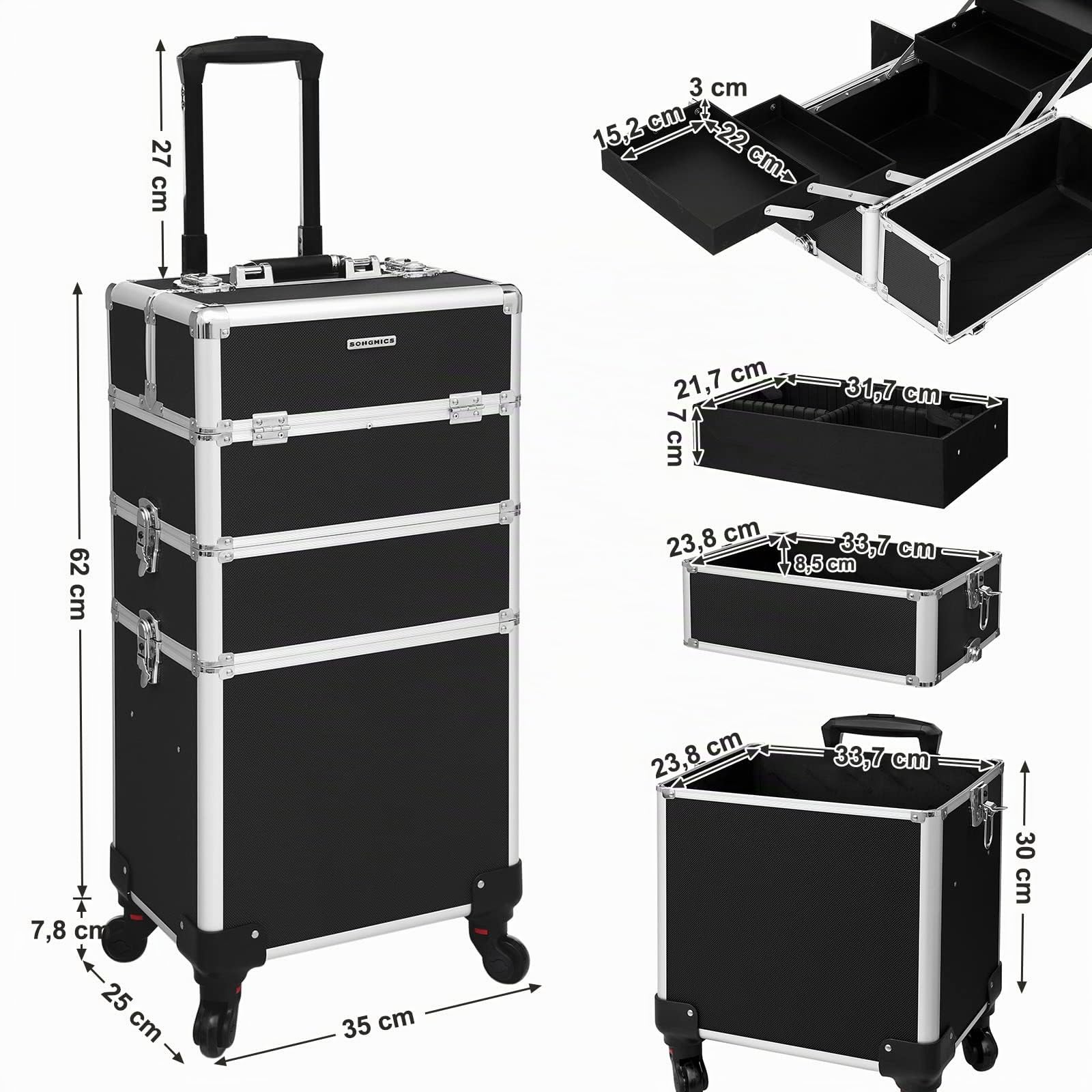 SONGMICS Maleta de Maquillaje Profesional, Maletín para Cosméticos 3 en 1, Extra Grande, Maletín de Peluquería, 35 x 25 x 69,8 cm, Con Cerradura, Ruedas 360°, para Viaje, Regalo Ideal, Negro JHZ01B