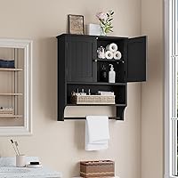 Vista 8 de Smuxee Armario de baño negro montado en la pared con barra de toallas, botiquín con 2 estantes ajustables de puerta, armario sobre inodoro