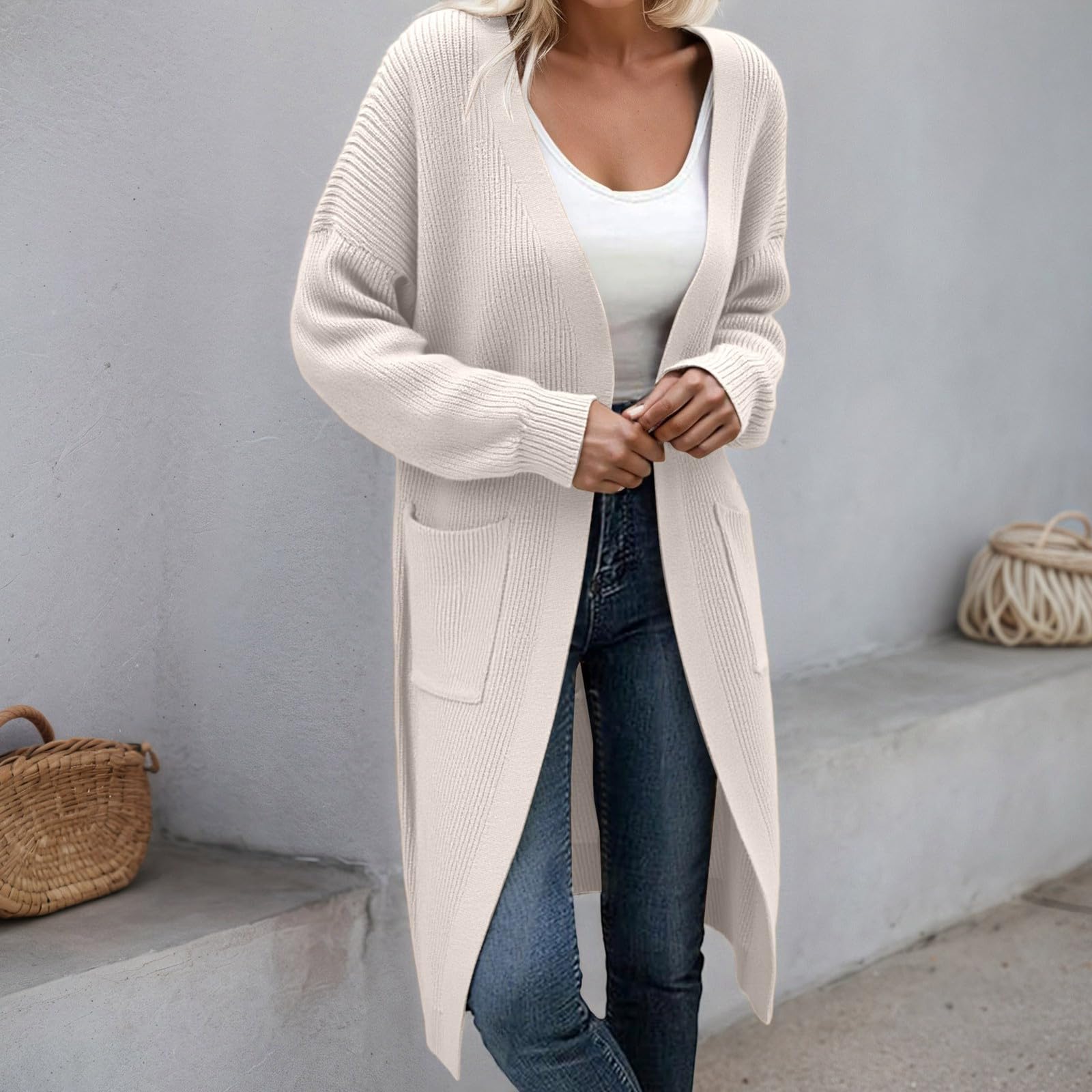 Generisch Cárdigan de punto grueso para mujer, suave, cómodo, con parte delantera abierta, manga larga, abrigo de bolsillo, moda de invierno