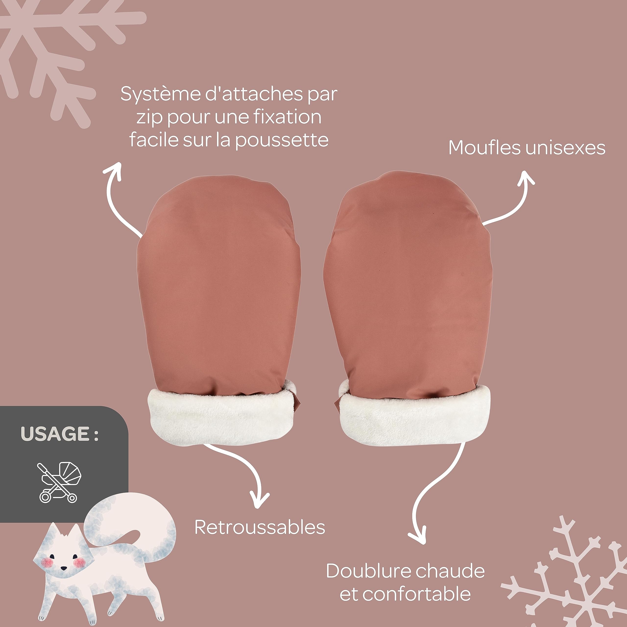 BÉABA, Moufles/Gants/Protège Mains Poussette, Protection Pluie/Neige, Attaches par zip, Ultra Chaude, Doux, Doublée Polaire, Coupe-vent, Imperméable, Respirante, Terracotta