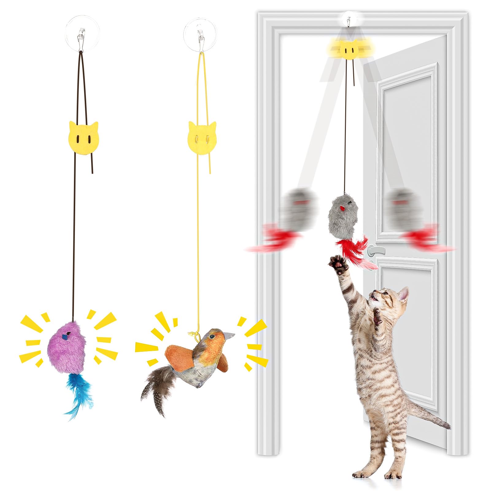 Romon Juguetes para Gatos, Set de 3 con Raton y Pájaro, Juguete Gatito Colgado de Puerta, Juguete Interactivo Gato con Cuerda Elástica Ajustable y Ganchos Adhesivos Transparentes