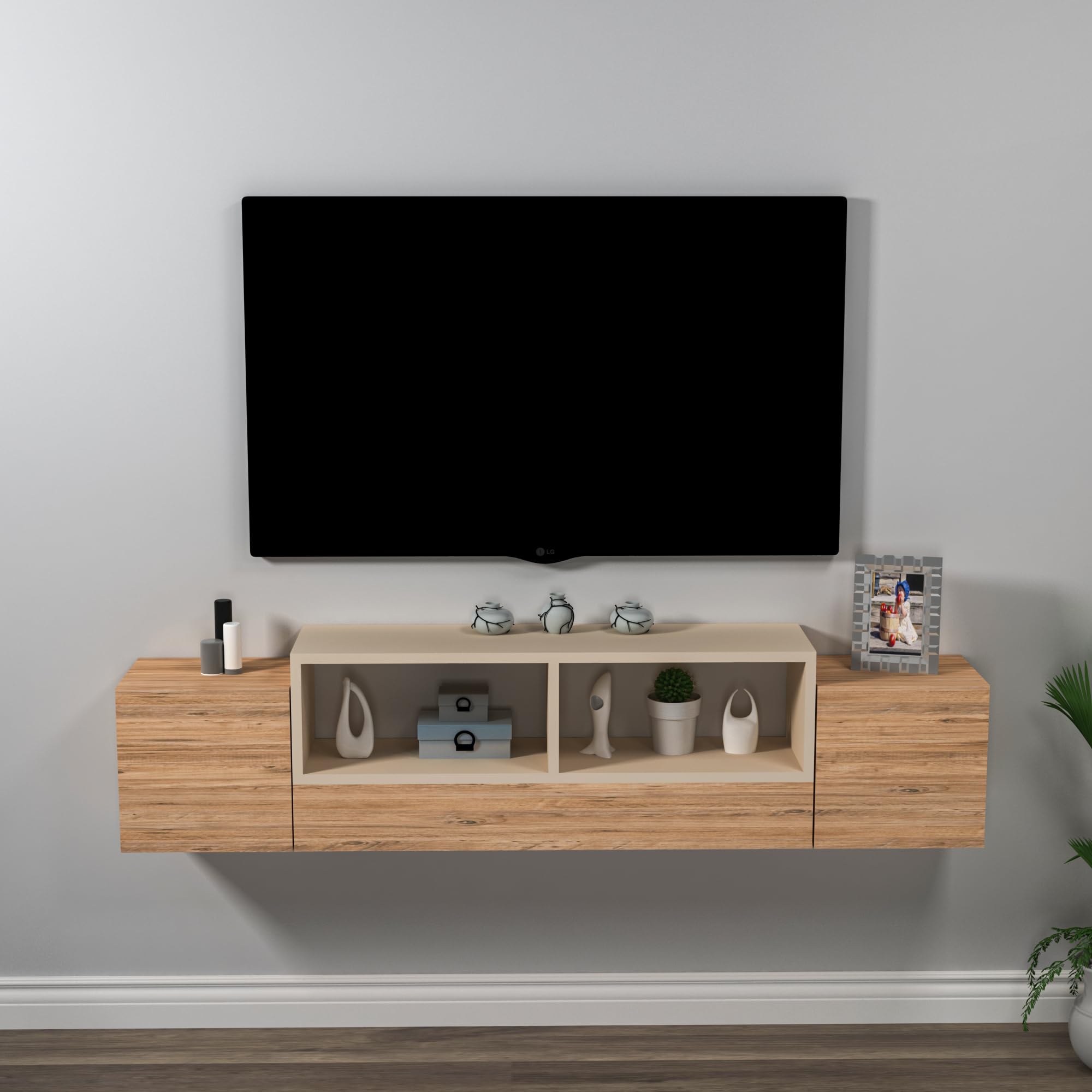 Morica Floating TV Stand with Shelves and Cabinets (Atlantic Pine & Beige)
