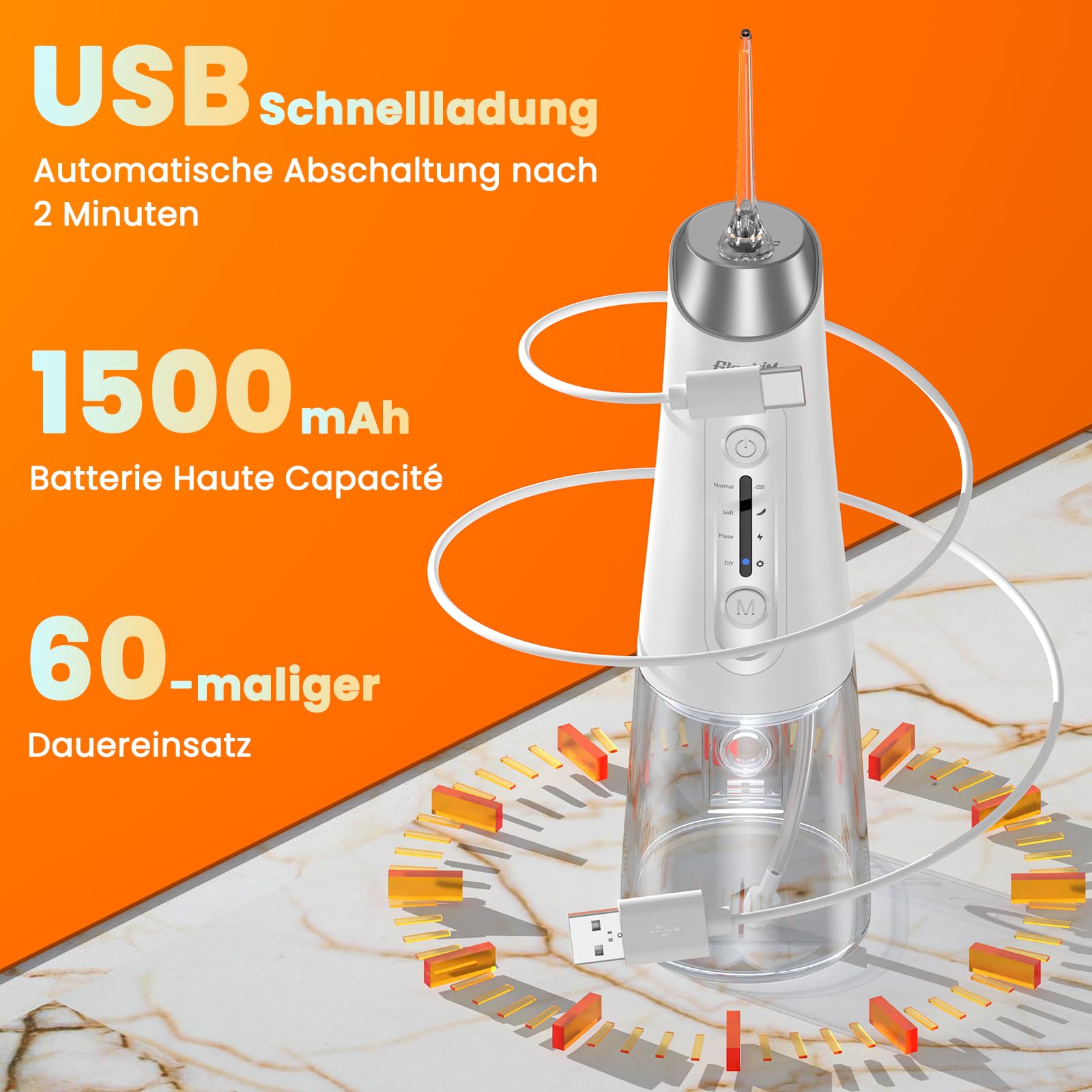 Jet Dentaire Hydropulseur Professionnel - 4 Modes de Nettoyage, Réservoir 320ML Grande Capacité, 8 Buses Interchangeables, USB Charge Rapide, IPX7 Étanche, Portable pour Maison & Voyage Blanc