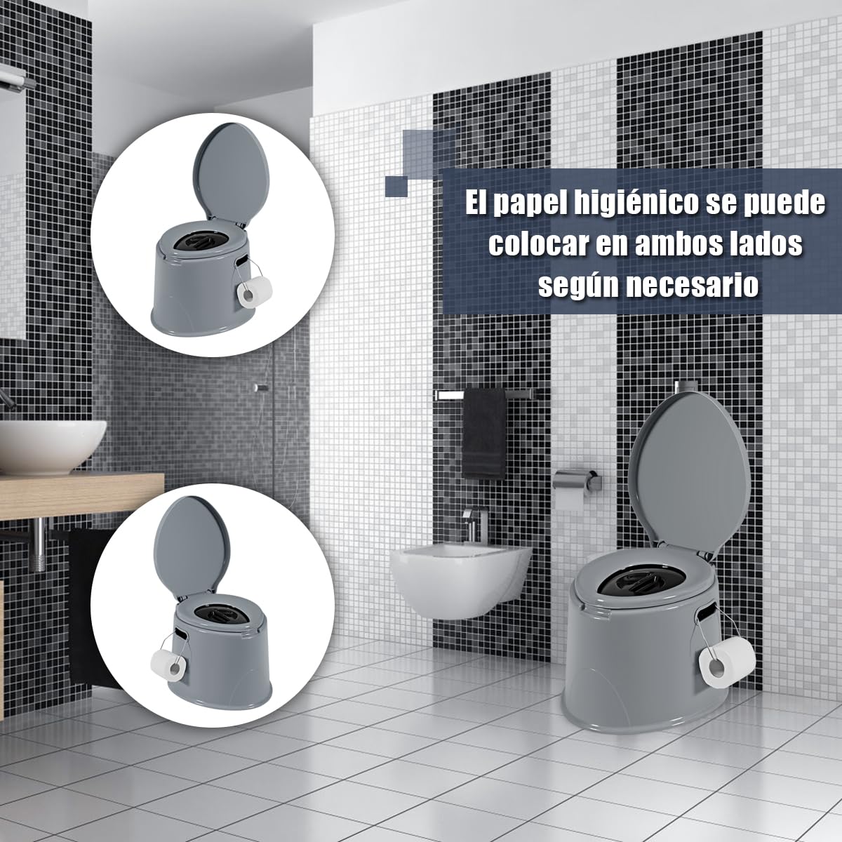 COSTWAY Inodoro Portátil para Camping con Tapa y Soporte para Papel Higiénico Inodoro Móvil para Viaje Acampar Senderismo