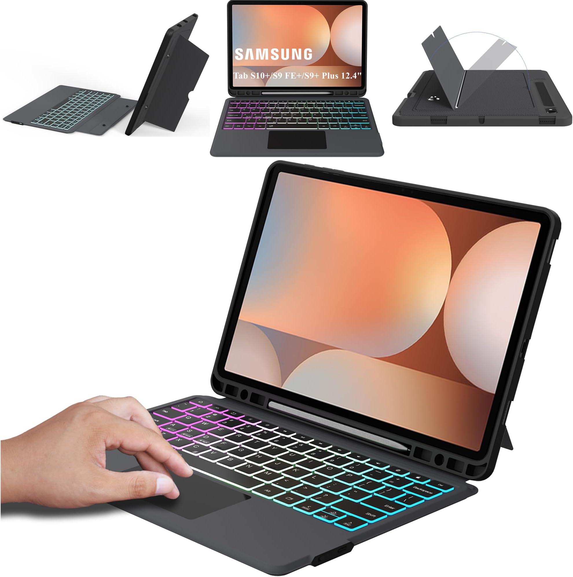 for 12.4 inch Samsung Galaxy Tab S9 FE+/S9+ Case with Detachable Keyboard : DIY 3-Zone 7 Colors Backlit Keyboard Cases with Touchpad - Tab S9 FE Plus/S9 Plus 12.4" Keyboard Case with S Pen Holder