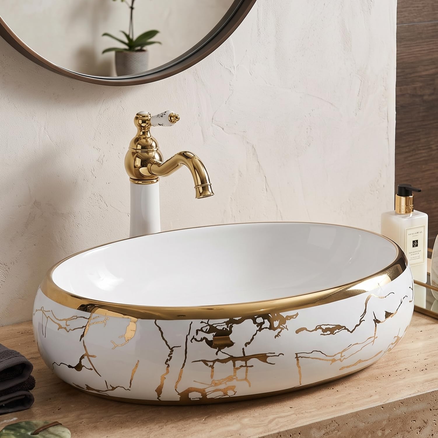 BASSINO Table Top Wash Basin - White & Rose Gold -11