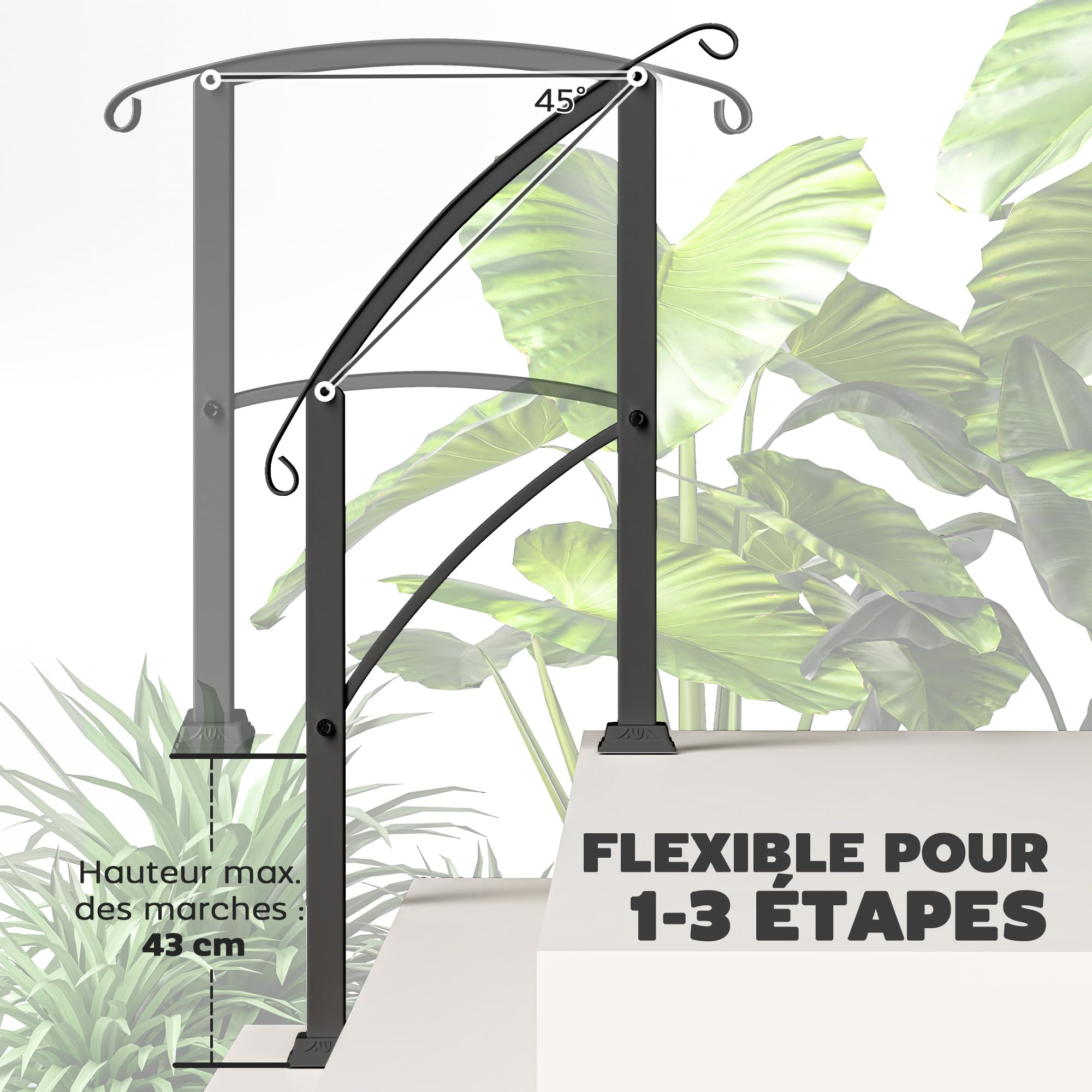 Outsunny Rampe d'Escalier Extérieure pour 1 à 3 Marches Main Courante Noir | avec Kit d'Installation, Rampe d'Escalier en Métal pour Porche, Bois et Béton, Style Campagne