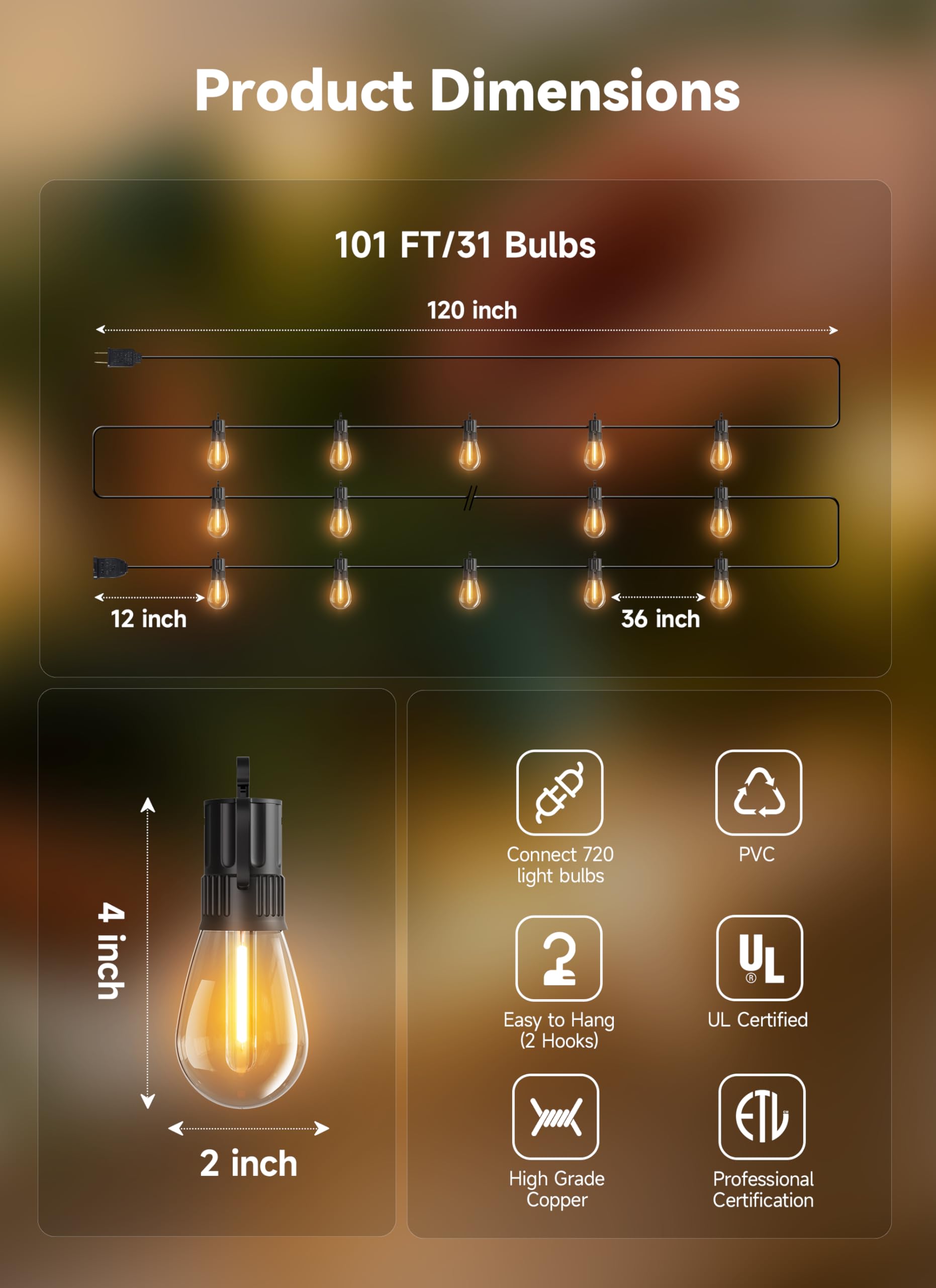 Minetom Guirnalda de luces LED para patio de 101 pies, impermeable, 31 bombillas Edison vintage S14 inastillables, luces colgantes exteriores de grado comercial impermeables para porche, terraza