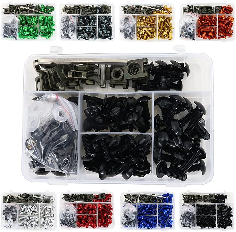 Motorcycle Universal Fairing Bolt Kits - Fit for CRF-R, YZ, Ninja/ZX, GSX/DRZ Series - Sport Bike Screws, Washers, Nuts, Clips Assortment (Black)
