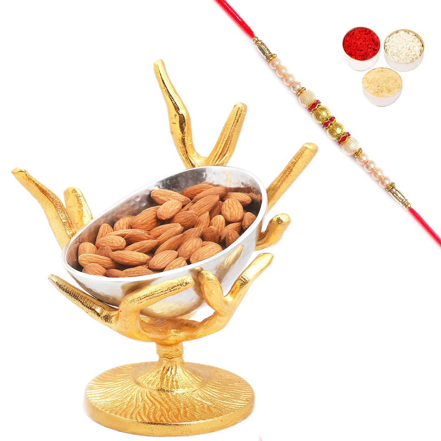 Ghasitaram Gifts Rakhi Gifts for Brothers Rakhi Dryfruits- Silver Designer Tree Roasted Cashew Bowl with Pearl Rakhi