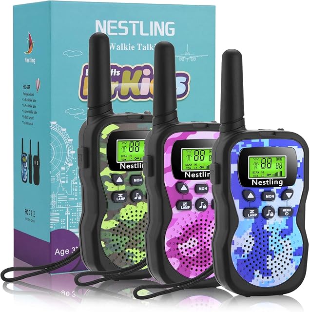 Nestling Walkie Talkies 3 Pack, Upgraded Version Camouflage Exterior 8 Channels 2 Way Radio Toys with Backlit LCD Flashlight, 3KM Range for Kids Indoor Outdoor Activity