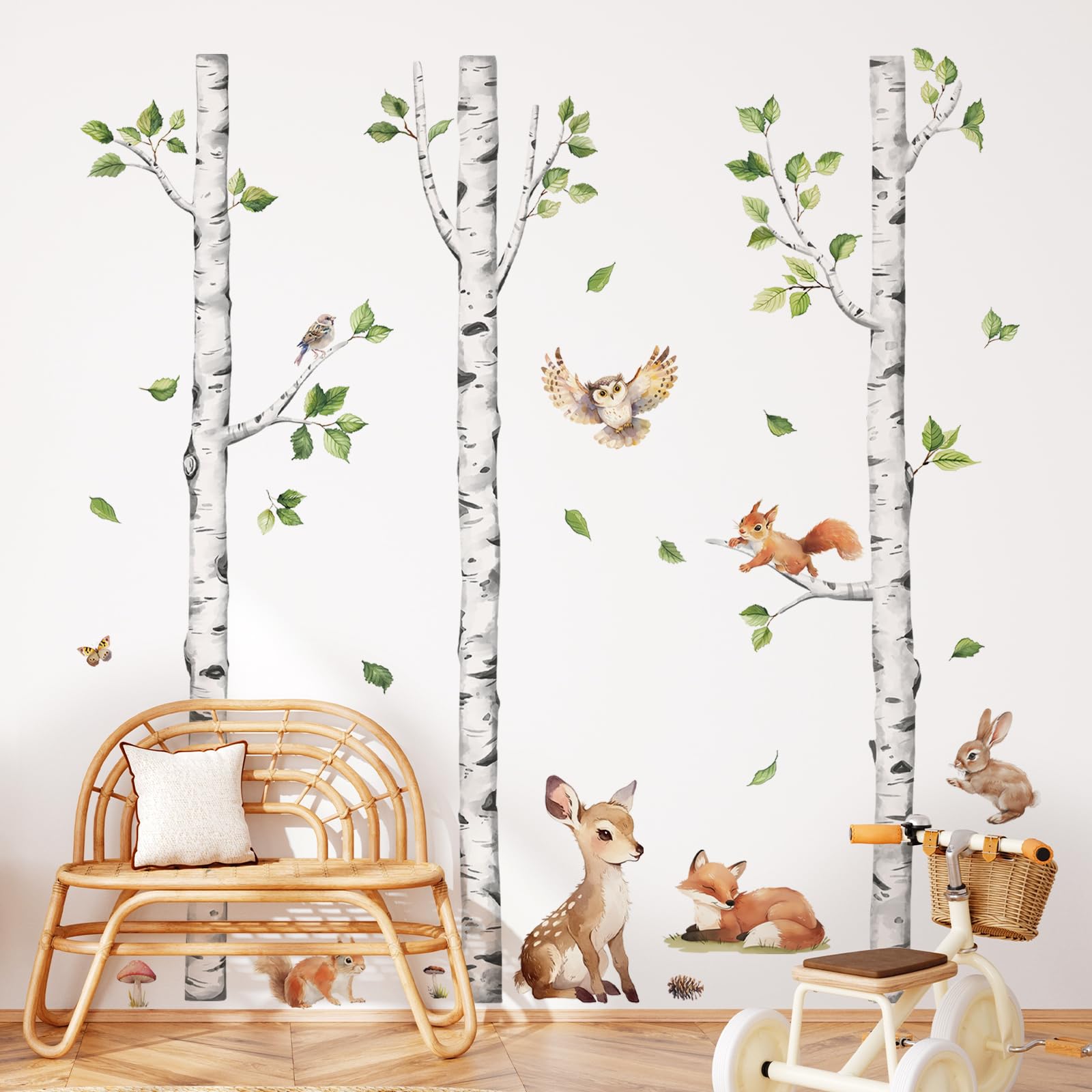 Tanlaby Abedul Animales Adhesivos Pared Grande Bosque Árbol Pegatinas de Pared Ciervo Zorro Conejo Vinilos Decorativos para Niños Bebés Habitación Dormitorio Guardería