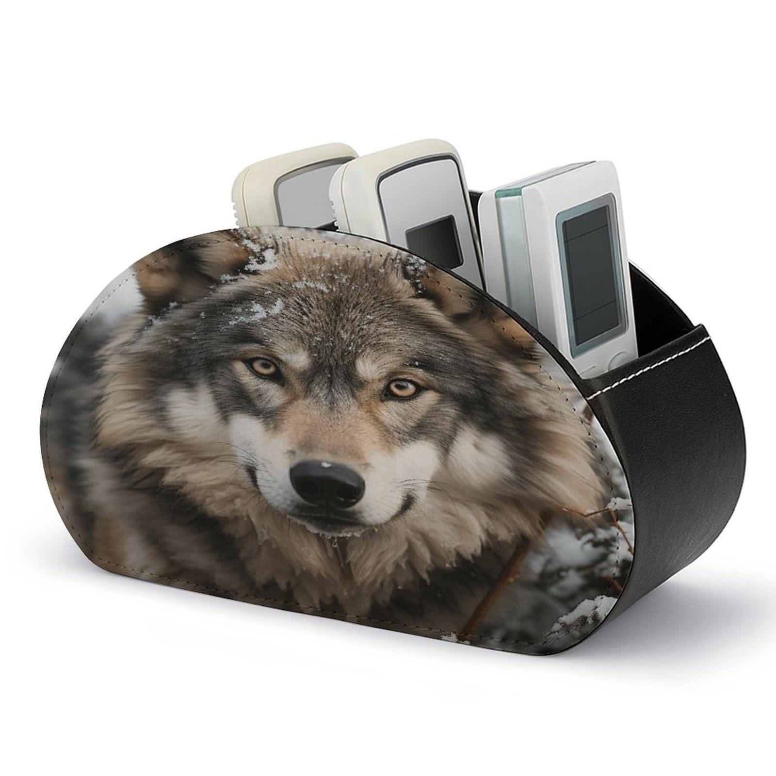 VstaDank Lmage of Wolf in The Snow Remote Control Holder with 5 Compartments PU Leather TV Remoter Caddy Desktop Organizer TV Remote Holder Remote Box for Media Controllers Office Supplies