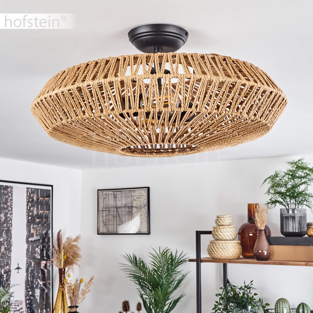 Mulstrand Ceiling Light, Modern Metal / Rattan Ceiling Light In Black/ Natural, Modern Design With Light Effect, ø40 Cm, 1 Bulb, 1 X E27, No Light Bulb - View #5