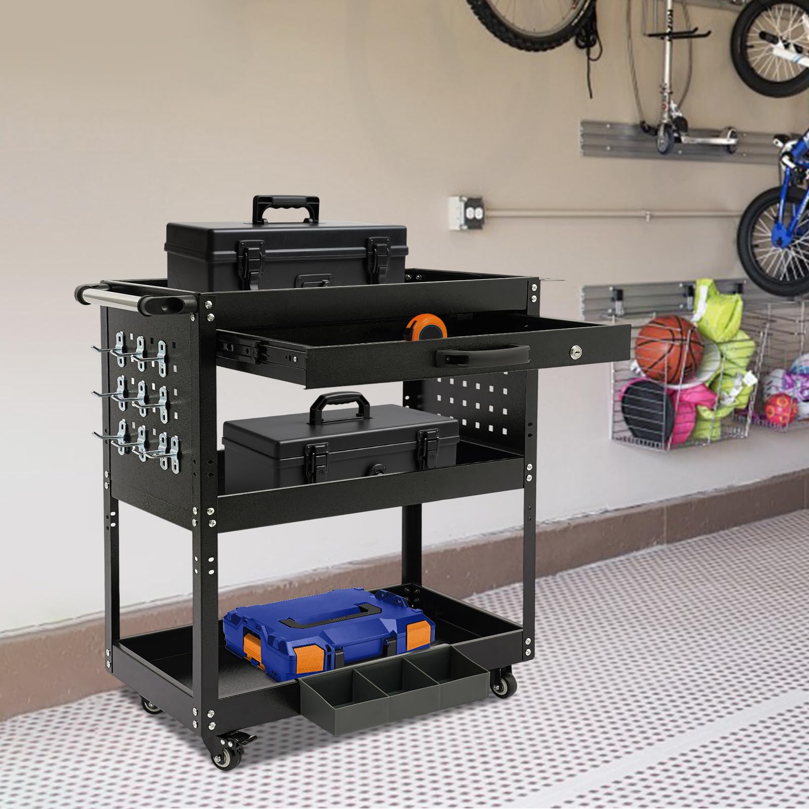 Carro de herramientas resistente, 3 niveles y 1 cajón con cerradura, agujero para colgar y caja de almacenamiento en el lateral, banco de trabajo con 4 ruedas (2 frenos), color negro