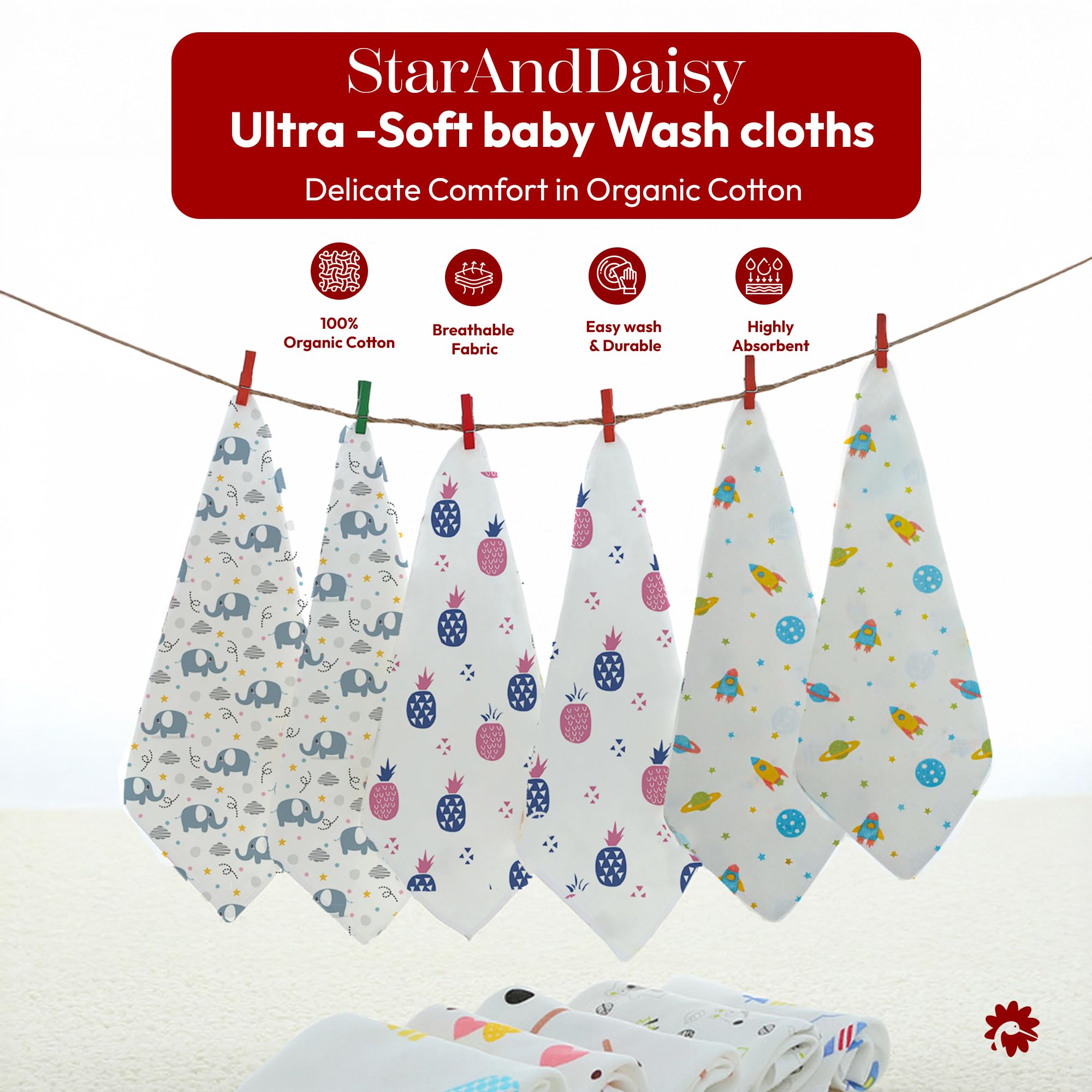 StarAndDaisy Muslin Face Hankies Pack of 6 Extra Soft, for Newborn Baby, for Infants, Toddlers, Kids, Reusable, Napkins, White, Printed. - Image 2 thumbnail