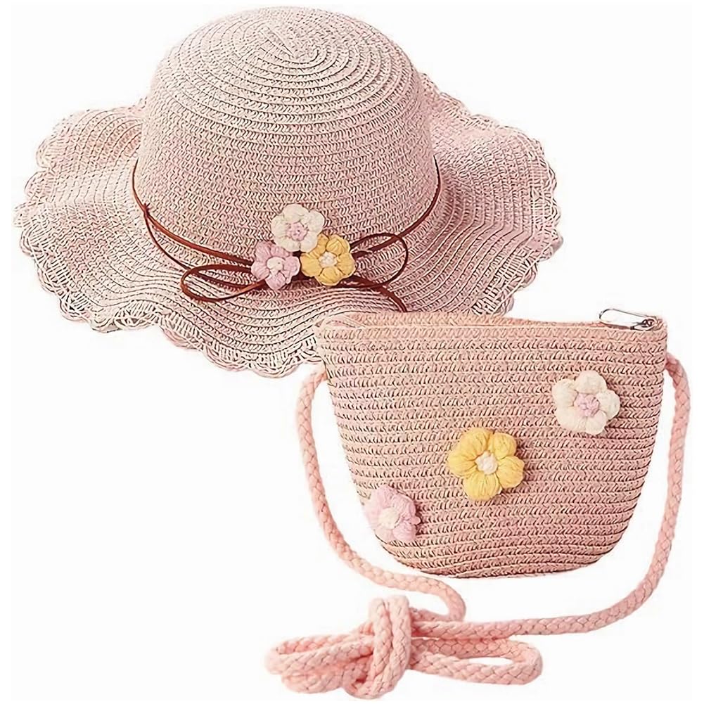 JPBLCYH Sombrero De Paja Niña Gorra De Sol Chica y Bolsillo Set con Decoracion De Inclinarse Gorro De Playa Niñas Transpirable para Viaje Beach Piscina Al Aire Libre