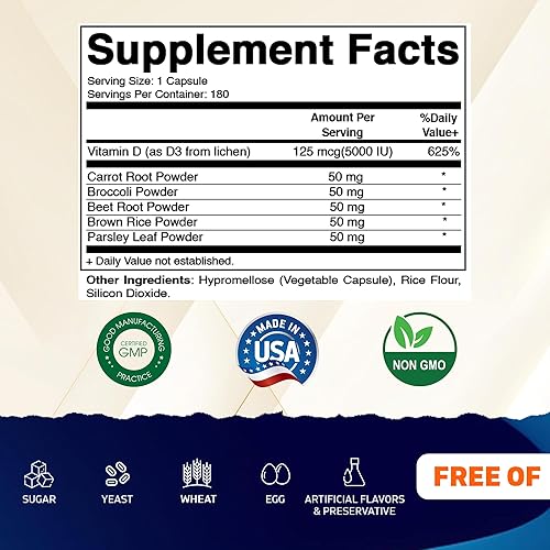 Miniatura 2 de Vitamatic Vitamina D3 vegana de 5000 UI  Vitamina D a base de plantas de liquen  Hecho con zanahoria, remolacha, brócoli, arroz integral y perejil