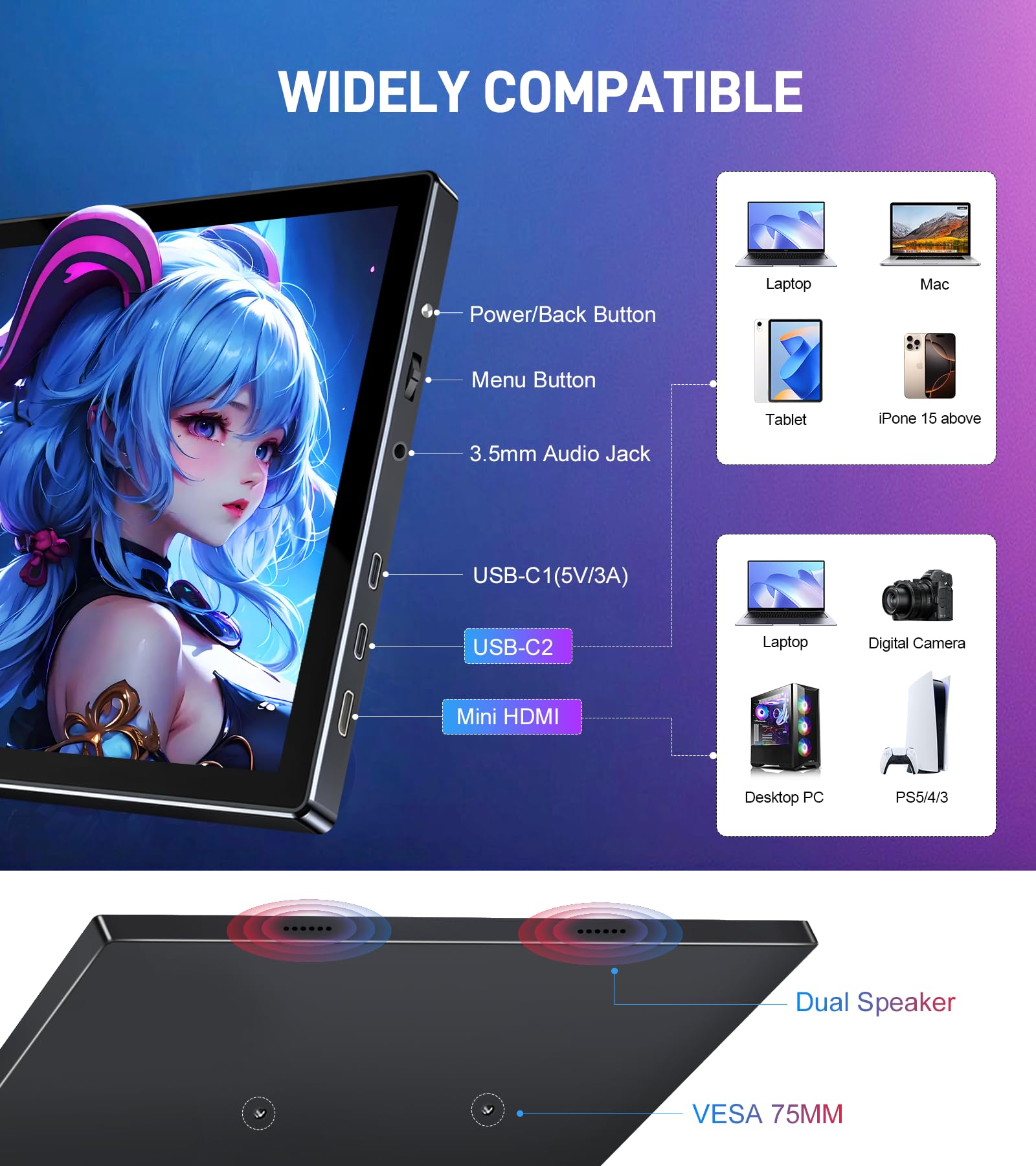 Monitor de pantalla táctil portátil 10.1 – 1920 × 1200 FHD IPS 16:10,100% sRGB 1500:1,10 puntos de diaplay táctil con altavoz HDMI USB-C VESA funda magnética para viajes, Mac, PC, Xbox, PS4/5
