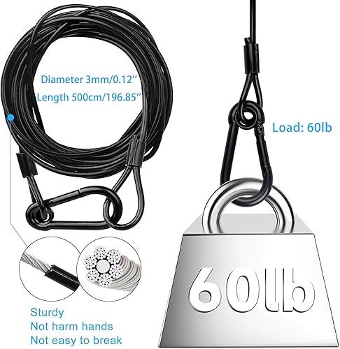 Miniatura 9 de Paquete de 4 cables de seguridad colgantes de cadena negra con abrazaderas de gancho para luces, cordón de acero inoxidable, cadenas de seguridad,
