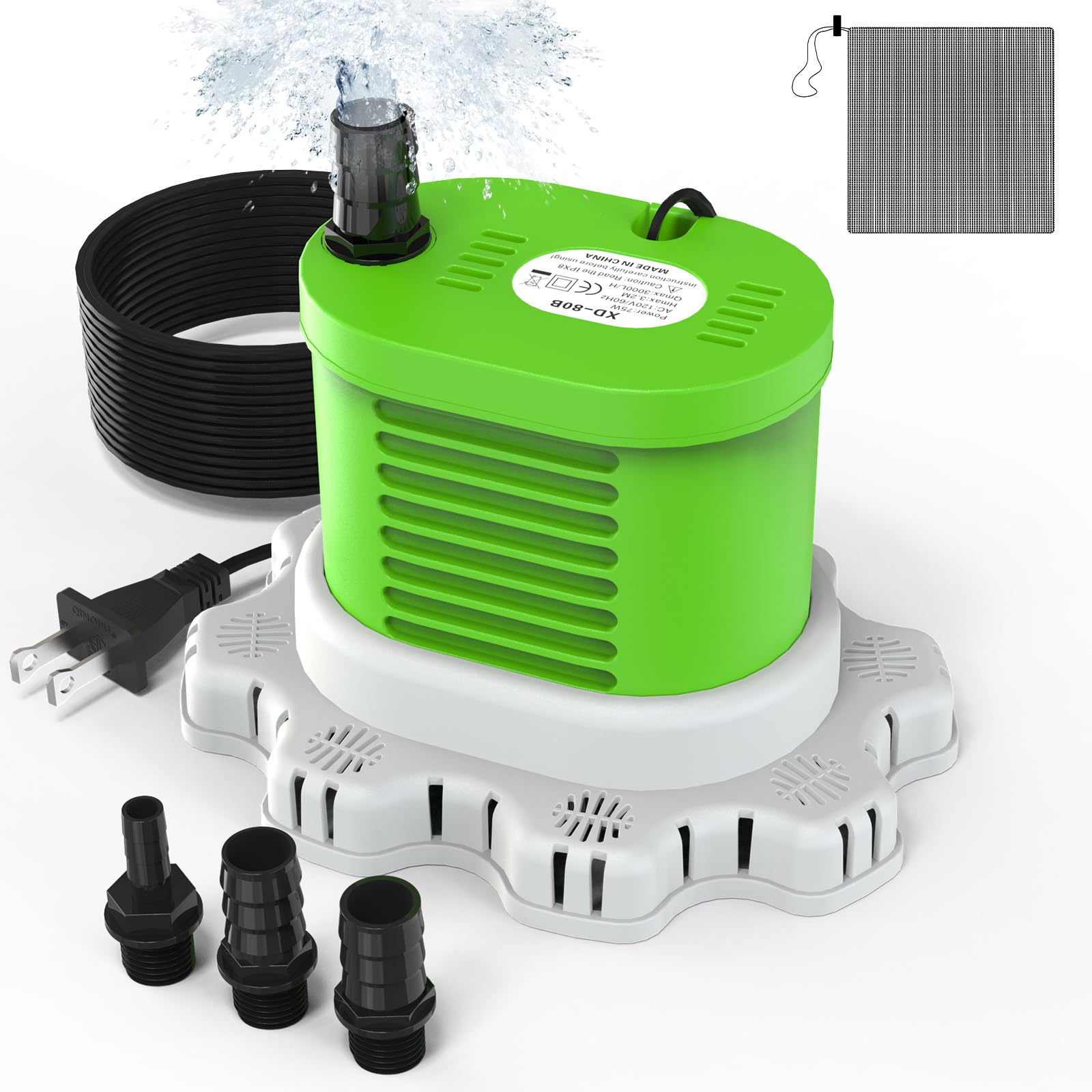 AgiiMan Pool Cover Pump Above Ground - 850 GPH Submersible Water Pump for Pool Draining, Portable Small Sump Pumps with 16' Drainage Hose and 25' Power Cord, 3 Adapters, Green
