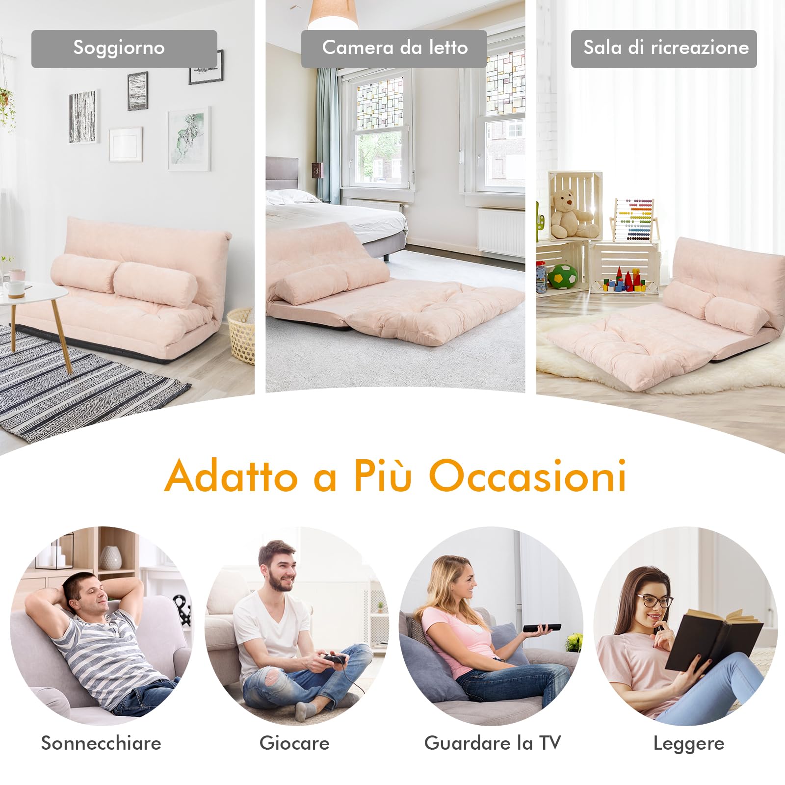 RELAX4LIFE Divano Letto da Terra Pieghevole con 2 Cuscino Lombare, Fodera in Velluto a Coste, Schienale Regolabile in 6 Posizioni, per Soggiorno, Camera da Letto e Balcone (BEIGE)