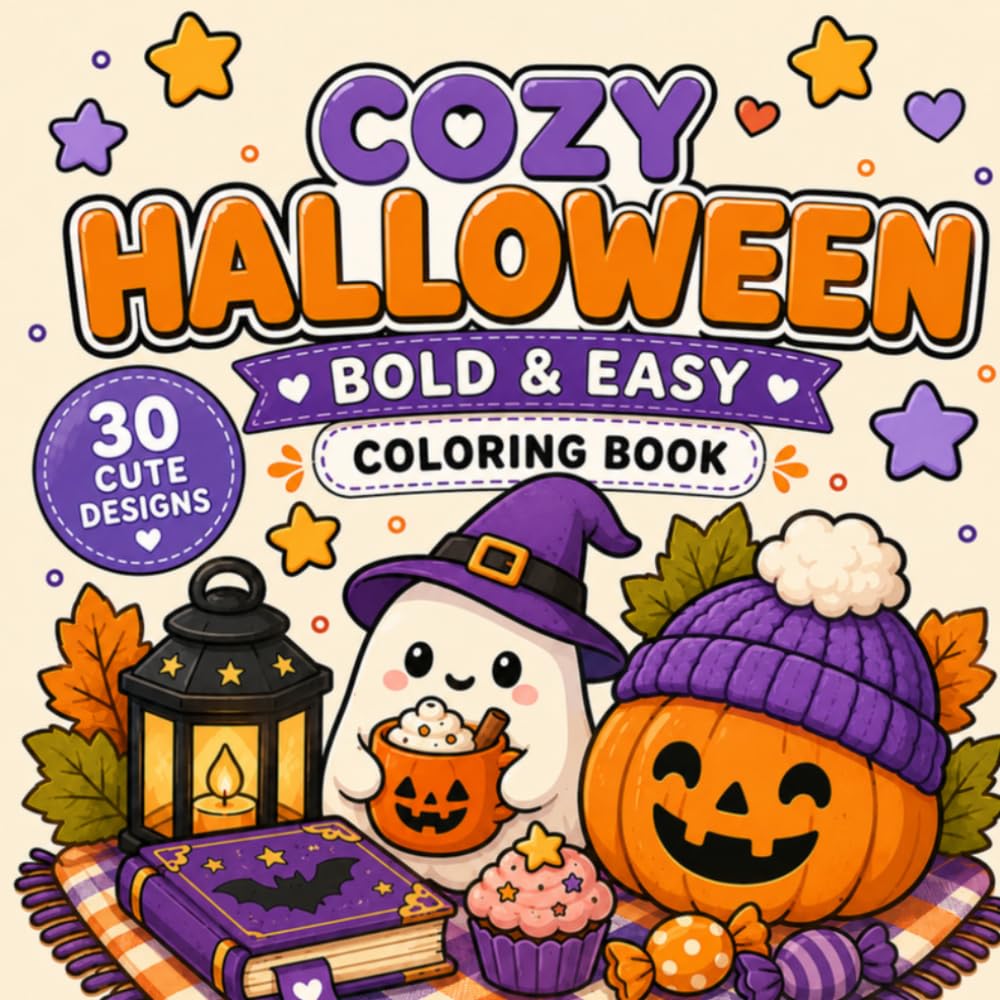 Cozy Halloween Coloring Book: 30 Cute and Simple Halloween Designs (Cozy Bold & Easy Coloring Books)