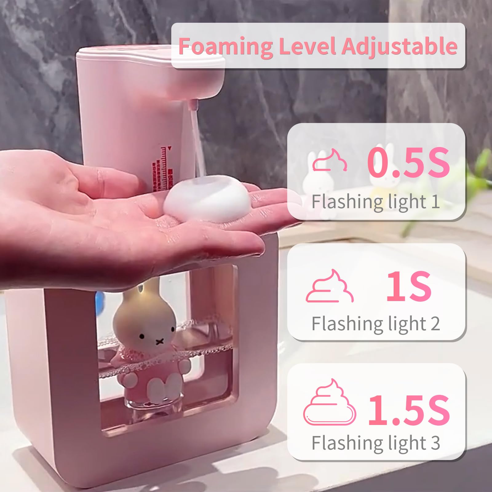 Mipow x Miffy 2025 Nuovo Modello Dispenser Automatico di Sapone Touchless - 3 Livelli di Schiuma Regolabili Sensore Intelligente, Dispenser di Sapone per le Mani per Bagno, Cucina, Casa Ufficio, Rosa