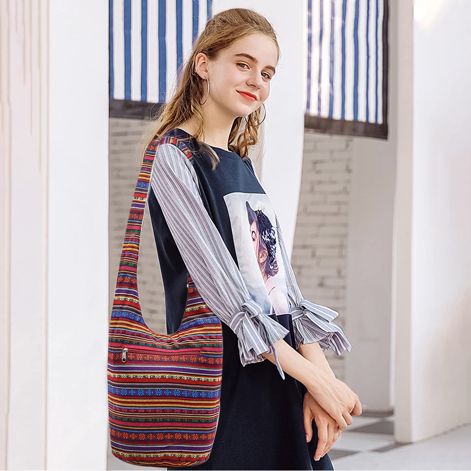 Sac D'épaule Femme Hippie Sac à Bandoulière Poids Léger Sacs à Main pour Voyage Plage École Randonnée Pique-Nique Rouge