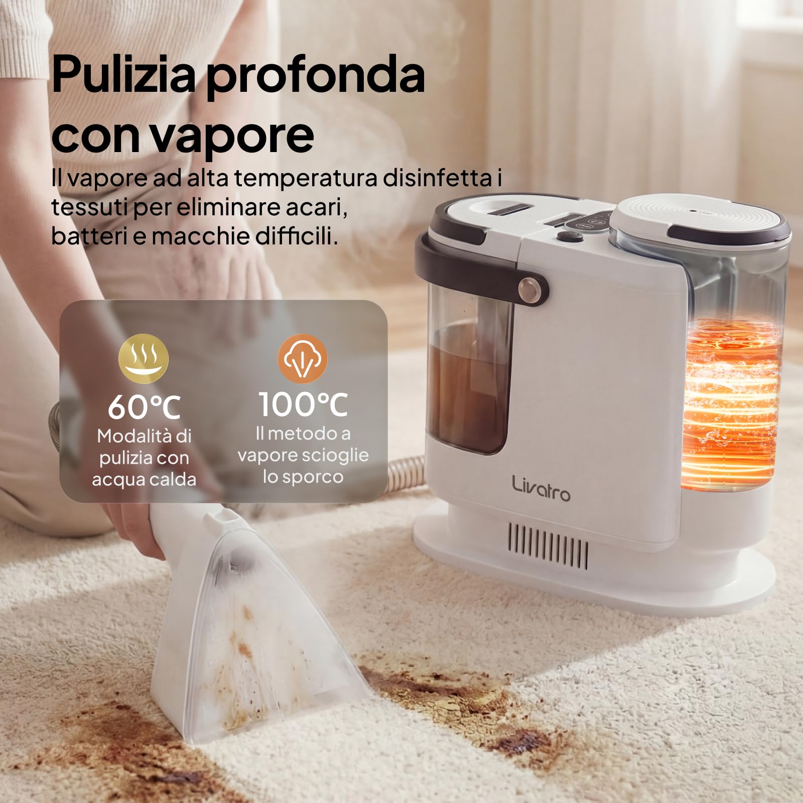 Livatro Lavatappeti e Divani Lava e Asciuga, 1700W Pulitore a Vapore per Divani, 15KPa Lava Tappezzeria, Pulisci Divani a Vapore, Serbatoio da 1,6 L, per Pulito, Mobili Imbottiti, Sofà, Auto