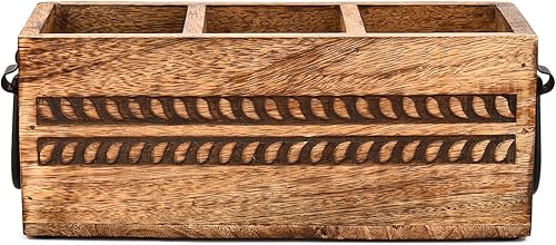 Miniatura 3 de NIRMAN Soporte para bolígrafos organizador de bolígrafos rústico de escritorio, soporte para lápices de madera con 3 compartimentos (11 x 4 x 4.5