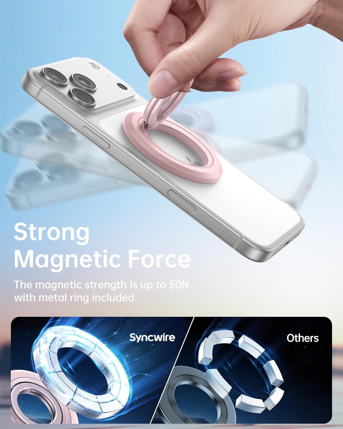 SYNCWIRE for MagSafe Ring Phone Holder, 360° Rotation Magnetic Cell Phone Grip Dual-Sided Magnets Phone Ring Kickstand Compatible with iPhone 17 16 15 14 13 12 Pro Max MagSafe, Android, Samsung etc.