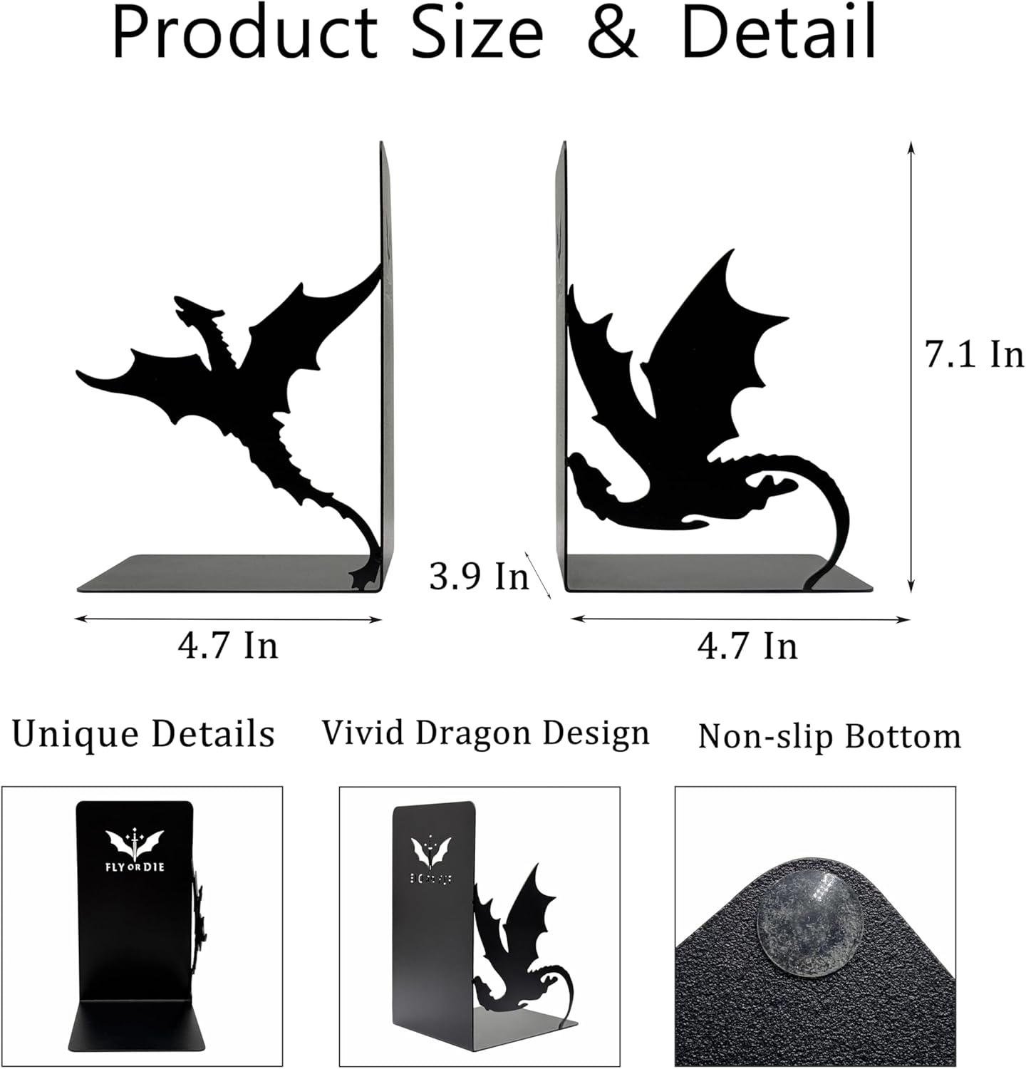 Fourth Fantasy Dragon Bookends for Heavy Books – Fourth Matte Black Wing Metal Book Ends with Novelty Dragon | Epic Saga-Inspired Shelf Decor Gifts for 4th Lovers, The Wing Mythical 4th Merch for Fans