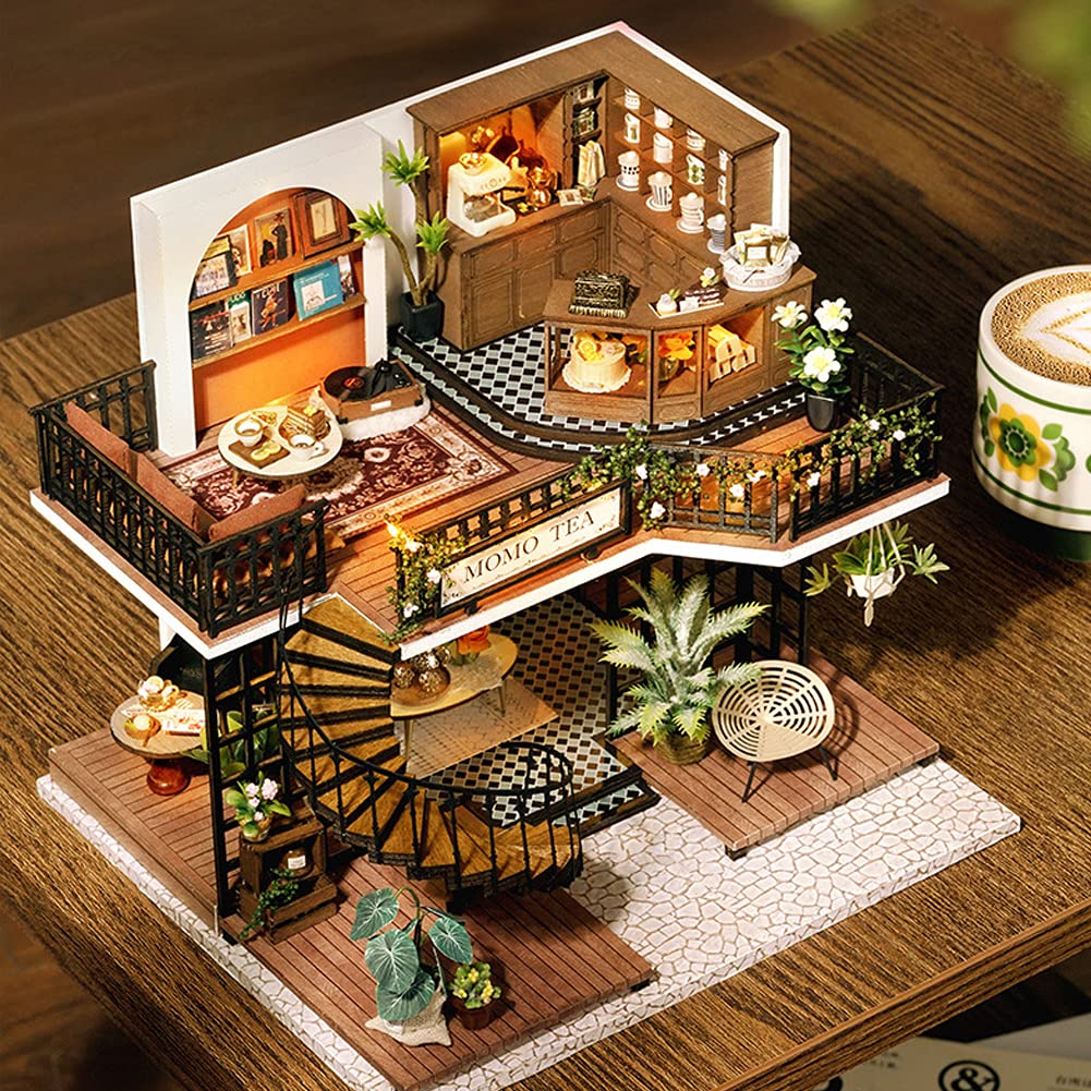 Kit di mobili fai da te per casa delle bambole in miniatura, in legno, mini casa verde con costruzione a LED, set da gioco per ragazzi e ragazze (Forest Teashop)