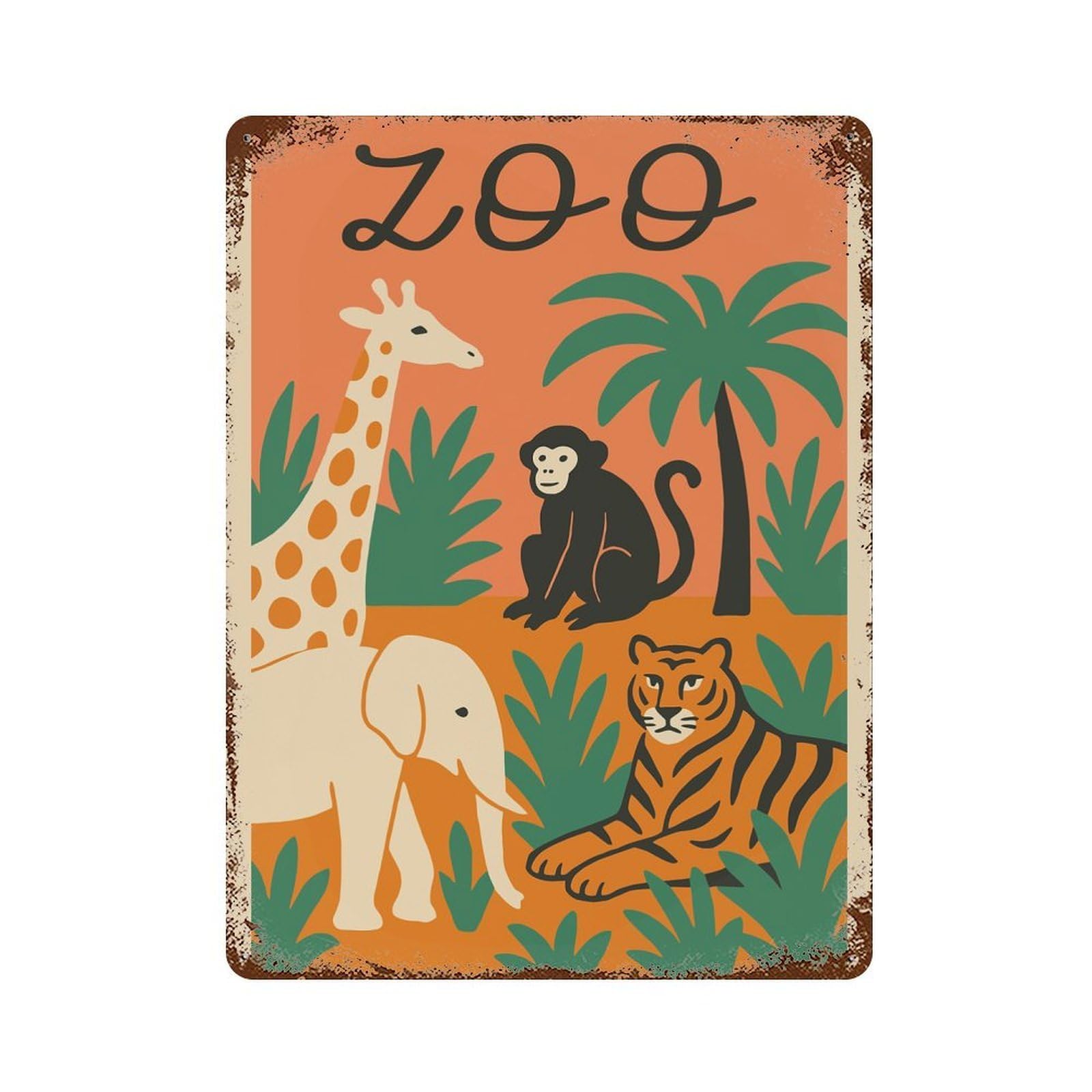 Weathered Tin Sign with Zoo Animals Illustration Design 15.7"x11.8", for Office, Studio And Wall Decor, Retro Wall Decor