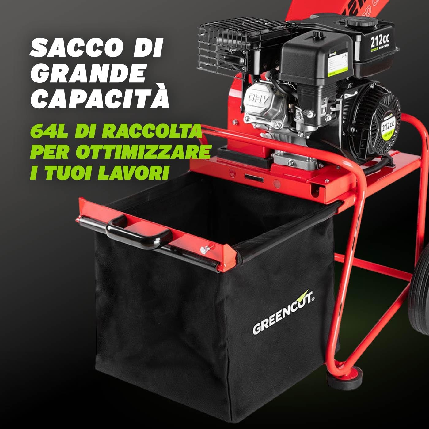 GREENCUT GE212X-B - Trituratore a benzina 212cc 7cv, tritura rami fino a 50 mm, include sacco da 64 L, con ruote e maniglia per il trasporto, rosso