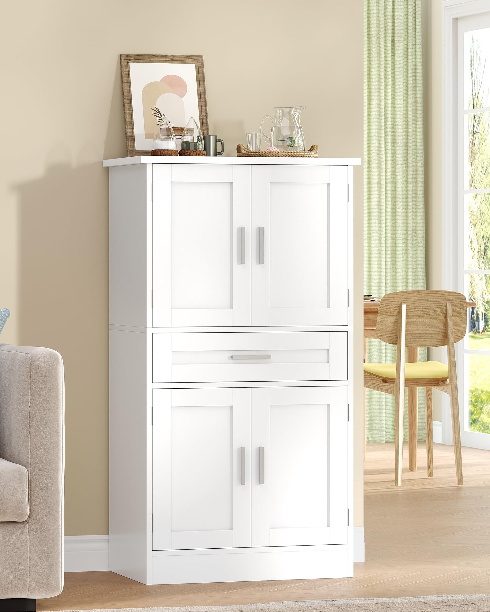 Hzuaneri Alacena de Cocina, 120 cm Aparador Comedor, 4 Puertas, 1 Cajón Grande, Estante de Almacenamiento Detrás de La Puerta, Armarios Altos de Cocina, Moderno, 40 x 60 x 120 cm, Blanco PT20003X