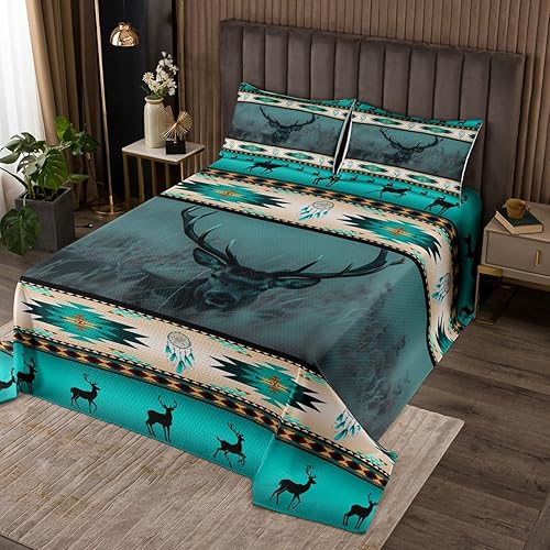 Juego de edredón de cazador de ciervos, tamaño King, del suroeste, nativo azteca occidental, juego de colcha bohemia con atrapasueños con alces,