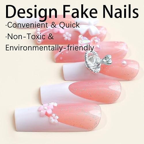 Miniatura 2 de Uñas postizas largas cuadradas a presión con dije de flores, uñas postizas de punta francesa, uñas postizas de cobertura completa con lazo, corazón,