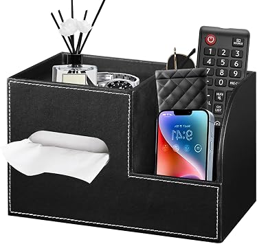 PU Leather Square Tissue Box Cover with Storage Tray,Cube Tissue Box Holder | Tissue Box Cover with Storage,Tissue and Remote Control Holder,Cube Tissue Box Organizer Bedroom Nightstand End Table