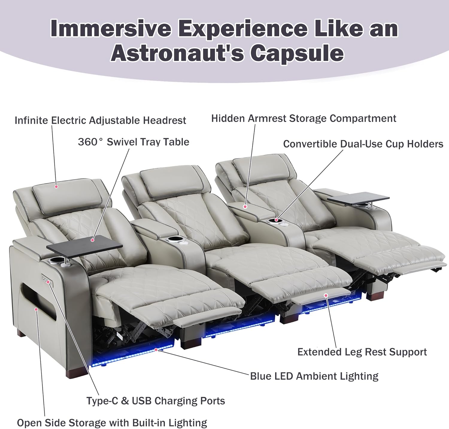 GUEAPY Power Reclining Home Theater Sofa with LED Lighting, Faux Leather Electric Recliner with Adjustable Headrest, Backrest & Footrest, Cup Holders, USB Charging & Removable Tray Table, Row of 3