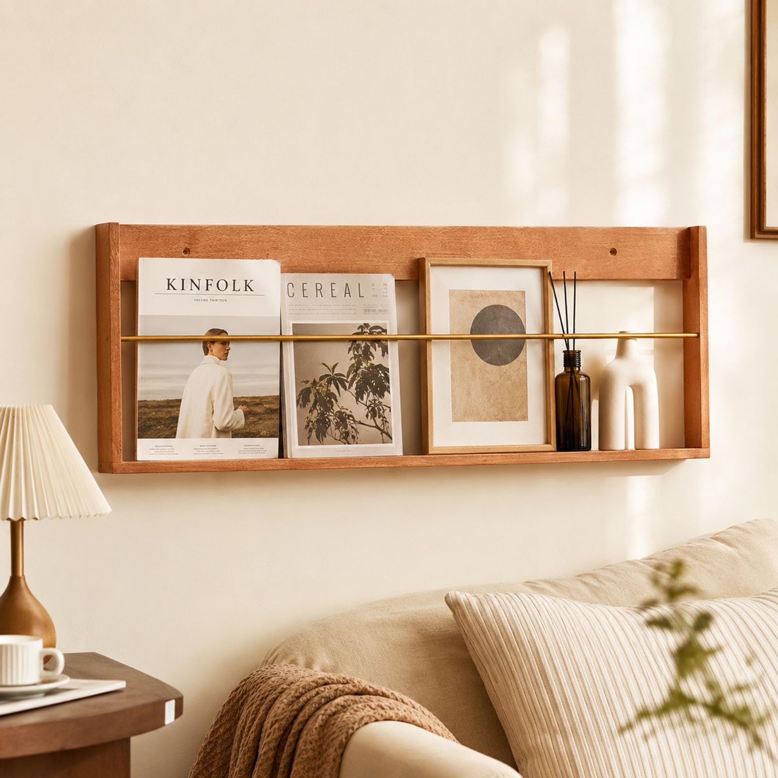 Zeitschriftenhalter Wand aus Holz und Metall für Bücher und Post | Platzsparender Literatur Organizer 60 oder 90 cm breit Kirschbaumfarben Walnussfarben Zeitungen Akten Kataloge Büro Flur