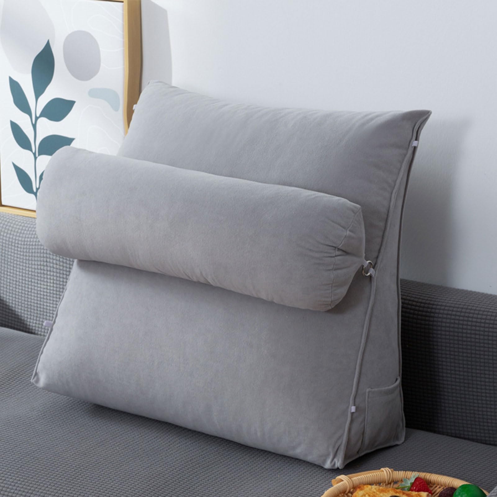 Trójkątna przenośna sofa z poduszką z wbudowanym uchwytem, ​​wygodną, ​​lekką, odpinaną rolką pod szyję i kieszeniami do przechowywania oraz miejscem do siedzenia(Silver Gray,60 x 50 x 20 CM)