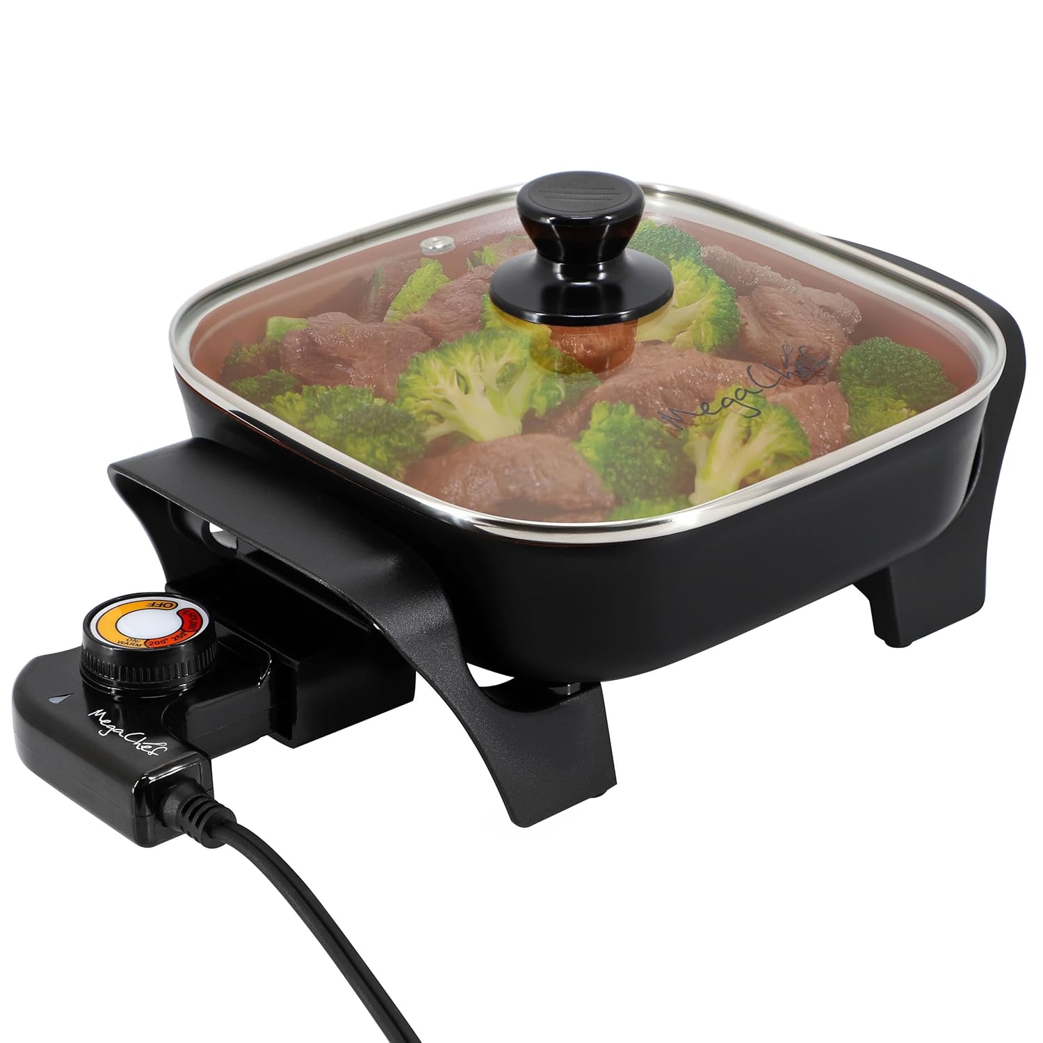 MegaChef Sartén eléctrica con tapa de vidrio templado, revestimiento antiadherente de cobre y control de temperatura ajustable, versátil