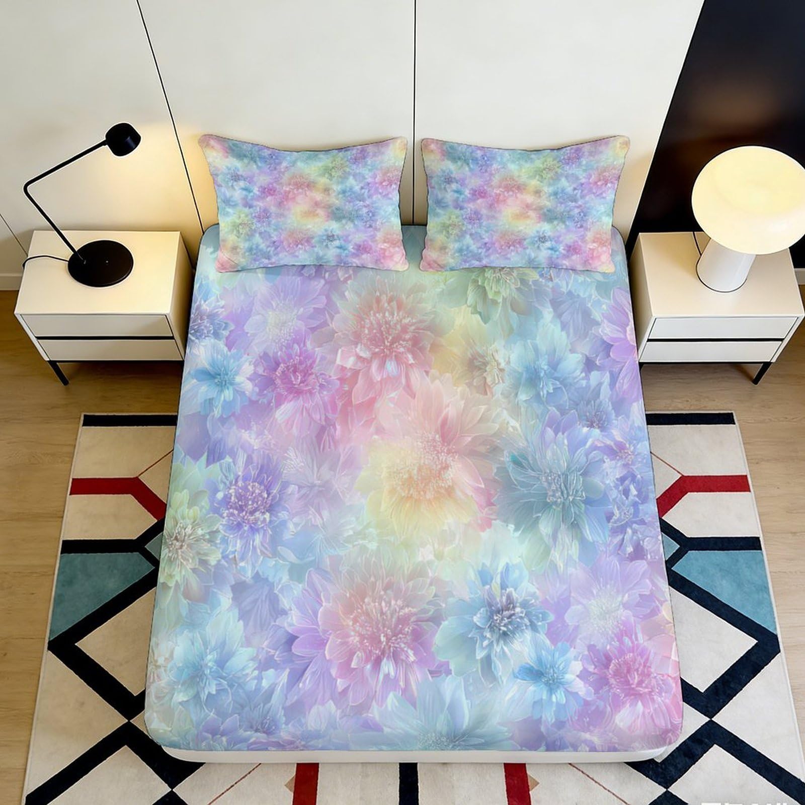 3D Printed Pastel Floral Fitted Sheet Microfiber Soft Breathable Rainbow Blossom Mattress Cover Bedroom Decor 180x200x25cm