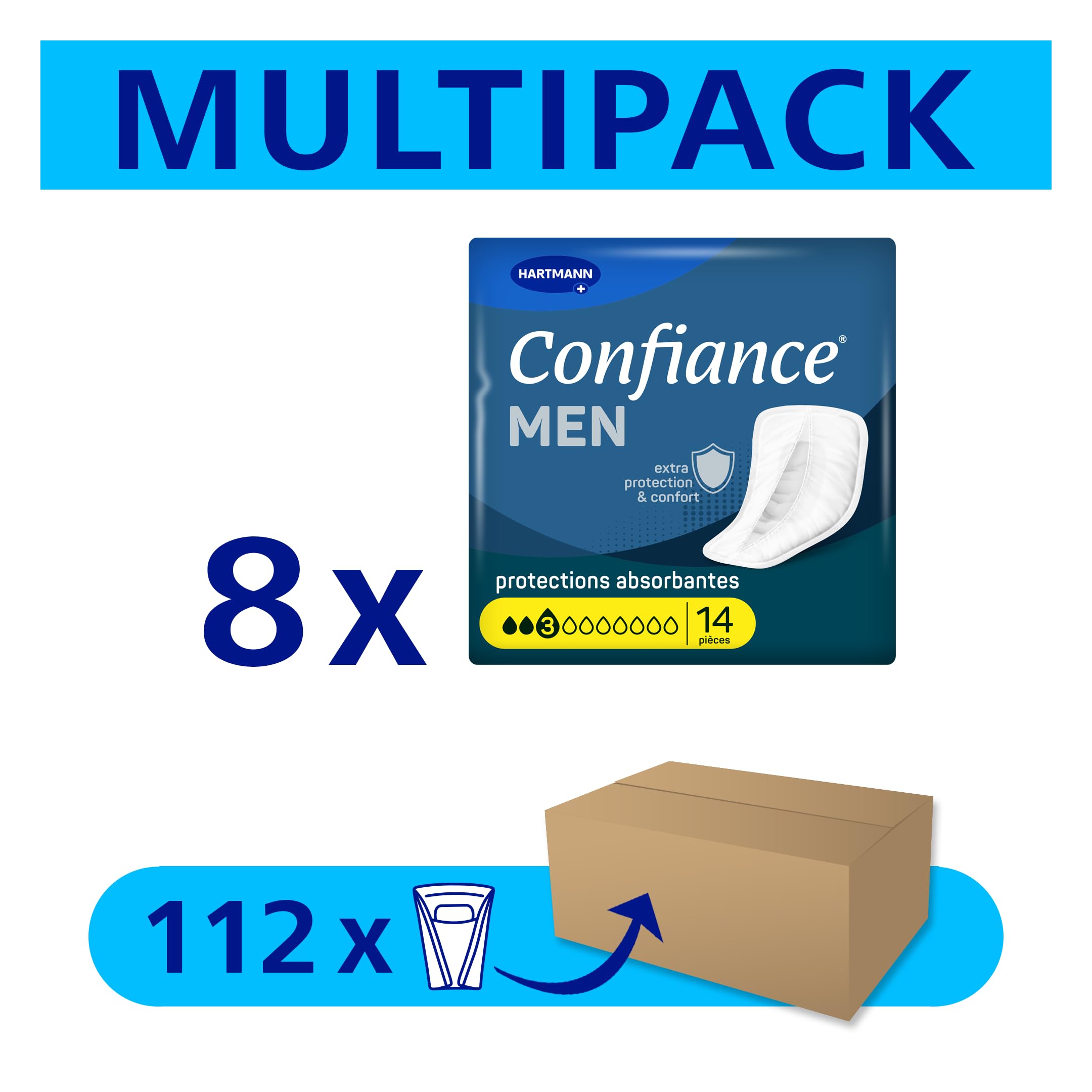 Confiance Men – Pequeñas protecciones anatómicas absorbentes para hombres – Discretos – Nivel de Absorción = 3 gotas (fugas urinarias medianas) – pH neutro a la piel – 8 x 14 unidades