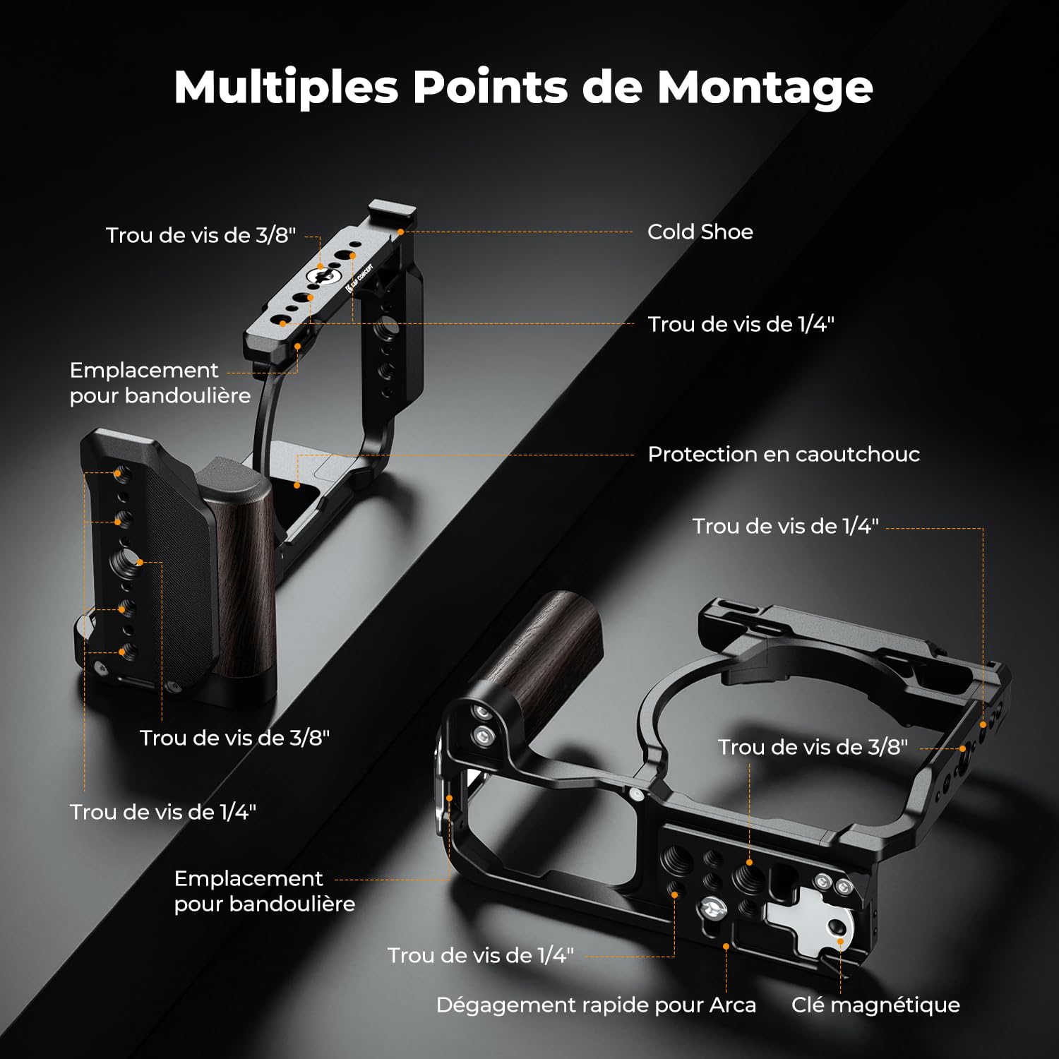 K&F CONCEPT Cage Rig Compatible avec Nikon ZR en Aluminium Léger 221g Solide et Stable avec Cold Shoe Filetages 1/4" et 3/8" Base Arca Protection Silicone Démontage Rapide