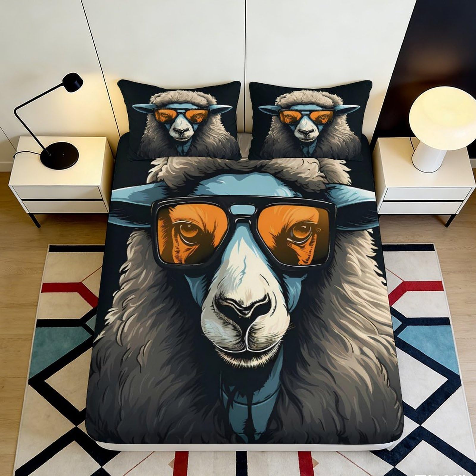 3D Printed Cool Sheep Sunglasses Fitted Sheet Microfiber Soft Bed Cover Anti-Slip Machine Washable for Bedroom Decor 90x200x25cm